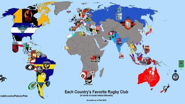 La carte des clubs de rugby les plus suivis par pays. / Crédit Photo : <a href='https://www.reddit.com/r/rugbyunion/comments/48d06h/each_countrys_favorite_rugby_club_in_terms_of/' target='_blank' rel='nofollow'>PetevonPete</a>