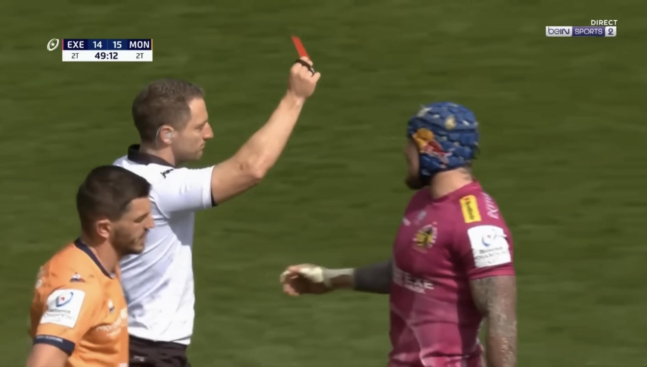 Le carton rouge envers Zach Mercer lors du quart de finale de la Champions Cup qui a fait basculé le match en faveur d'Exeter.