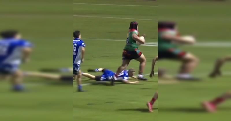 Lors de ce match de rugby à XIII, le numéro 8 des Merrylands Rams a tout simplement traversé tout le terrain pour un essai de 90 mètres. Crédit image : Screenshot Instagram theparraeelsjuniors