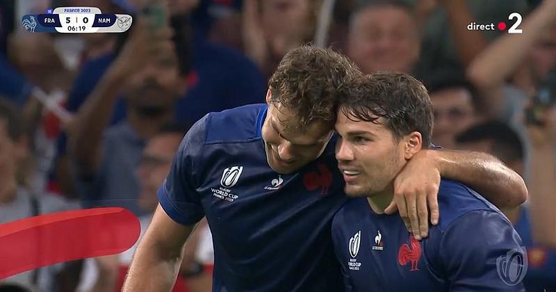 Début de match convaincant pour le XV de France face à la Namibie à Marseille. Les Bleus ont rapidement inscrit deux essais par Penaud et Danty. Crédit image : Screenshot France 2